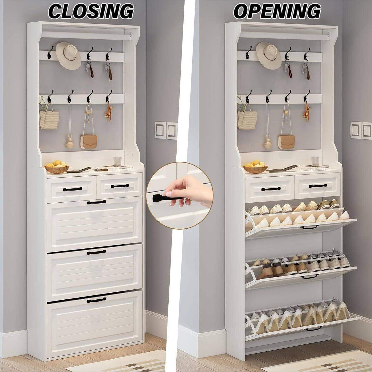 מבצע לזמן מוגבל ⏳ ארון אחסון נעליים גבוה עם 3 מגירות מתקפלות, קולב, דלת, קיבולת גדולה ו-2 מגירות