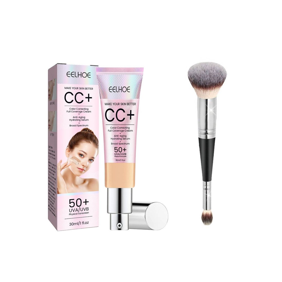 קרם CC+ להארה SPF50 עם מתקן צבע לוקס עם מברשת איפור קרם הגנה