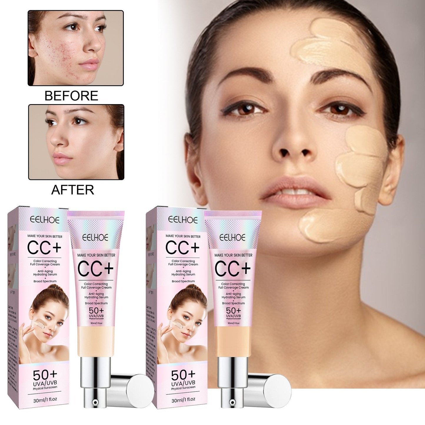 קרם CC+ להארה SPF50 עם מתקן צבע לוקס עם מברשת איפור קרם הגנה